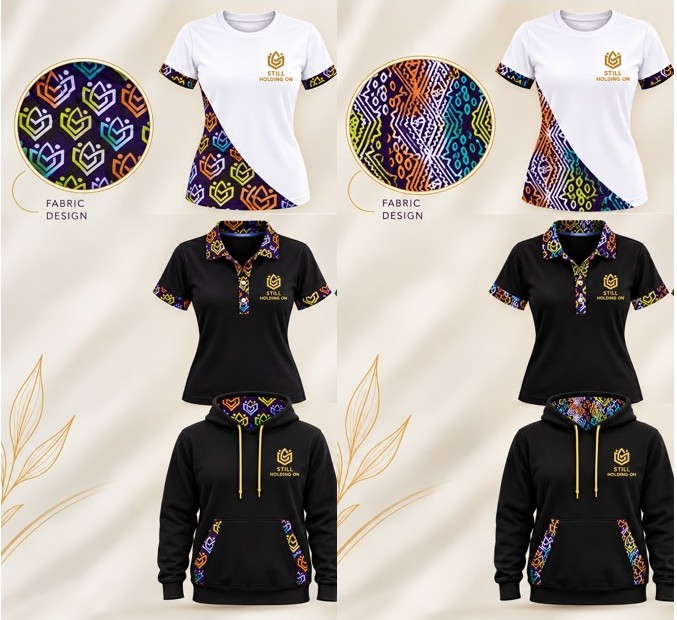 T-shirt, polo and hoodie designs showing two Ankara-inspired fabric patterns