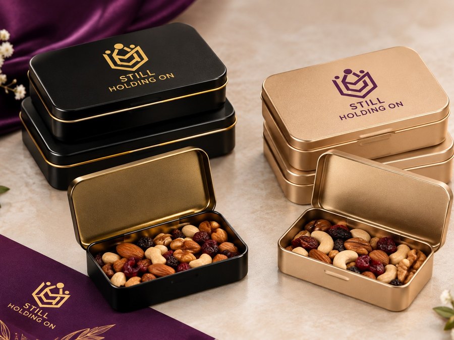 Black and gold mint tins with the Still Holding On logo, filled with nuts and dried fruit