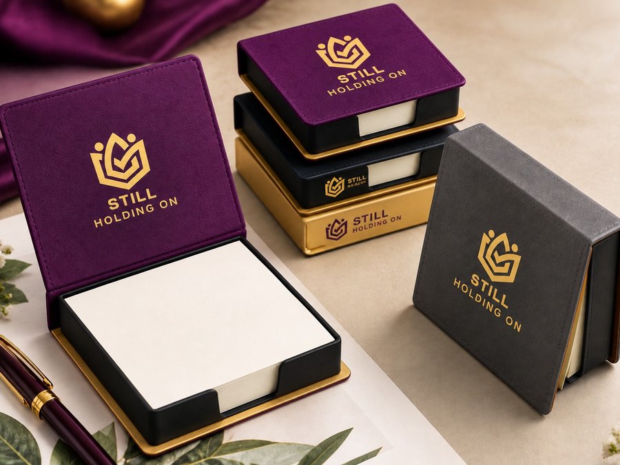 Purple, black and grey memo pad holders with a gold Still Holding On logo, beside a pen