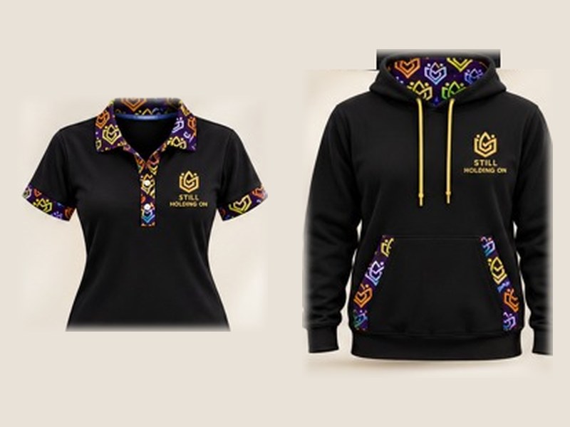 Black polo shirt and hoodie with the Still Holding On emblem and patterned fabric trim