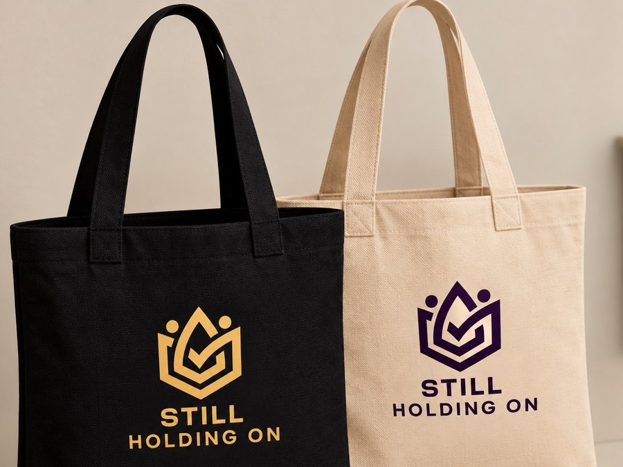 Black and natural canvas tote bags printed with the Still Holding On logo