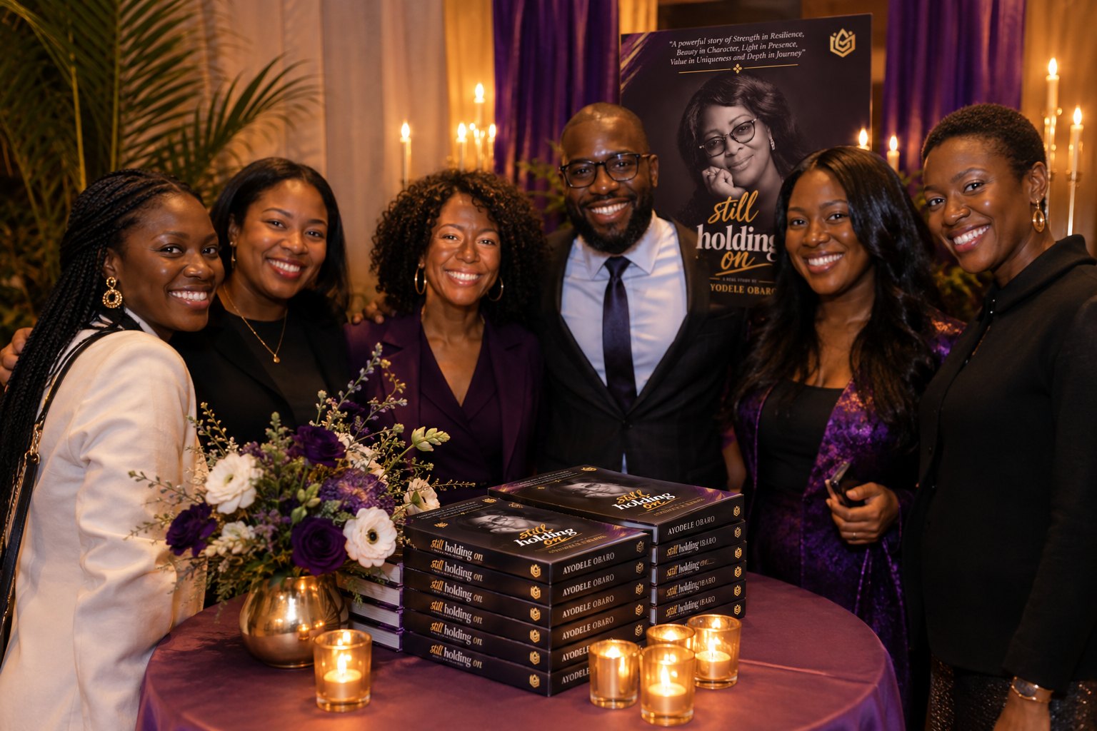 Six smiling guests gathered around a candlelit table of Still Holding On books, with purple flowers and the book banner behind them