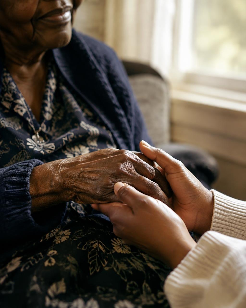 An elderly woman's hands held gently by a younger person