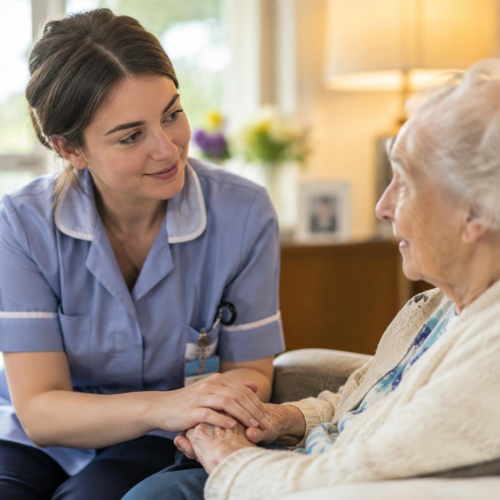 A nurse holding an elderly patient's hand with care